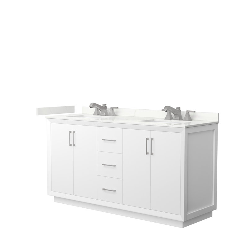 Strada 66" Freestanding Double Bathroom Vanity with Cultured Marble Top, White, Matte Black, Giotto Quartz