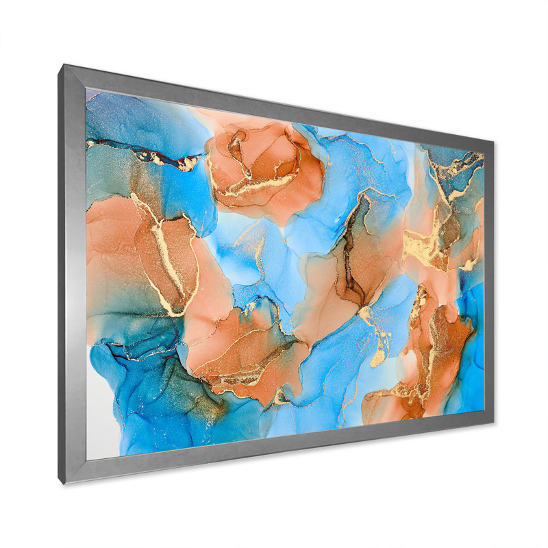 Turquoise et brun, luxe abstrait, fluide VI - peinture sur toile, H 16 po x l 32 po x P 1 po, Cadre photo argenté