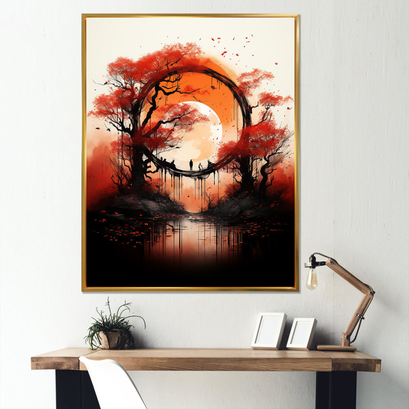Art gothique rouge, vue de la forêt japonaise 2 - Japon, Cadre flottant doré, H 40 po x l 30 po x P 1,5 po
