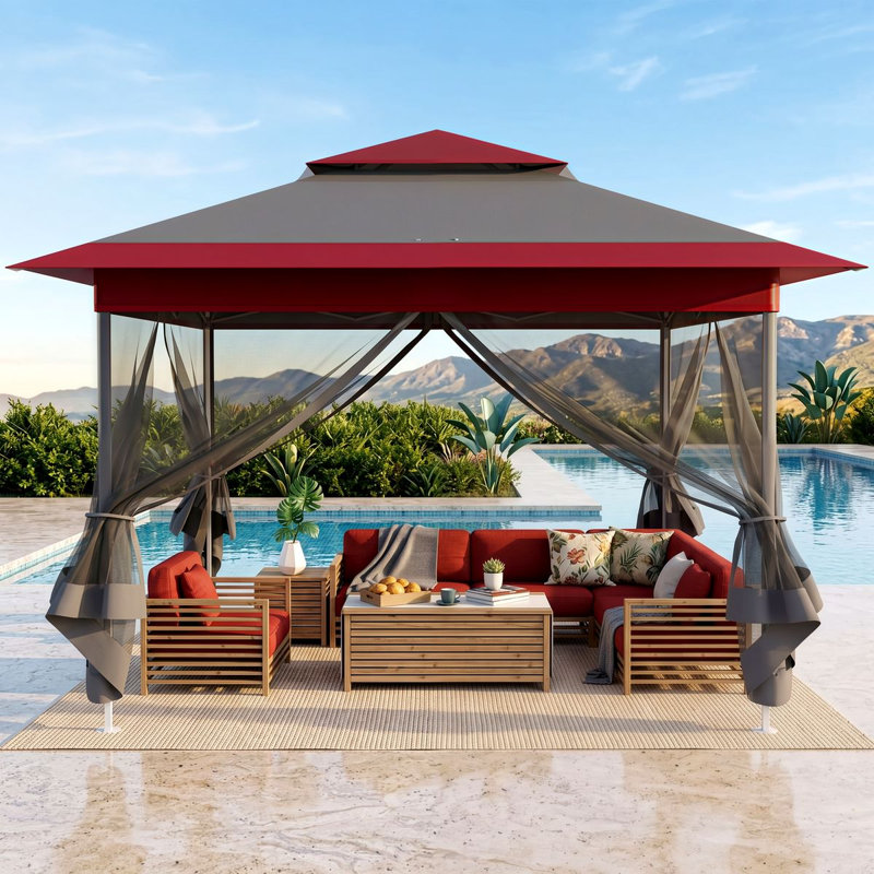 Pop Up Gazebo, Outdoor Instant Canopy Tent W/4 Netting Sidewall & Auto Extending Eave, Patio Gazebos Shelter W/Mesh Wall, Center Lock, Wheeled Bag For Garden, Yard, Party, Deck