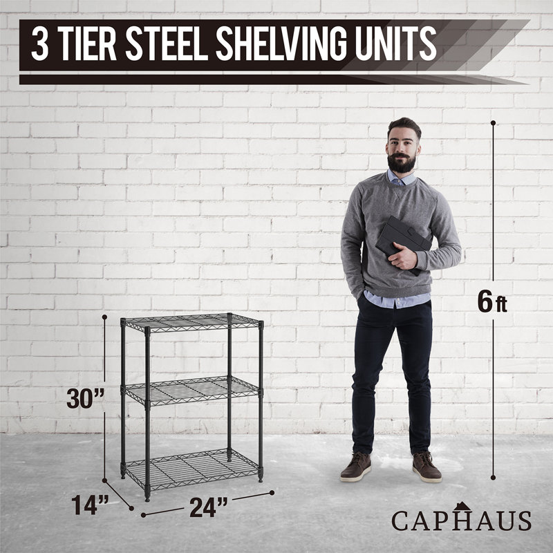 CAPHAUS 3-Tier Adjustable Height Wire Shelving Unit, Storage Shelf, 3-Tier Without Wheels, Black