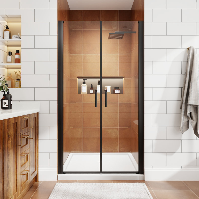 Porte de douche semi-sans cadre 40 po à 42 po x H 72 po avec porte battante double et 2 portes donnant sur un très grand espace de rangement en verre trempé de 1/4 po