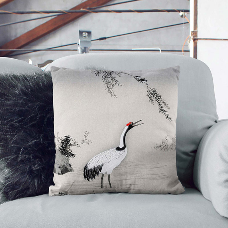 Japanese Crane by Kano Motonobu Cushion with Filling, Black, 40cm H x 40cm W x 15cm D