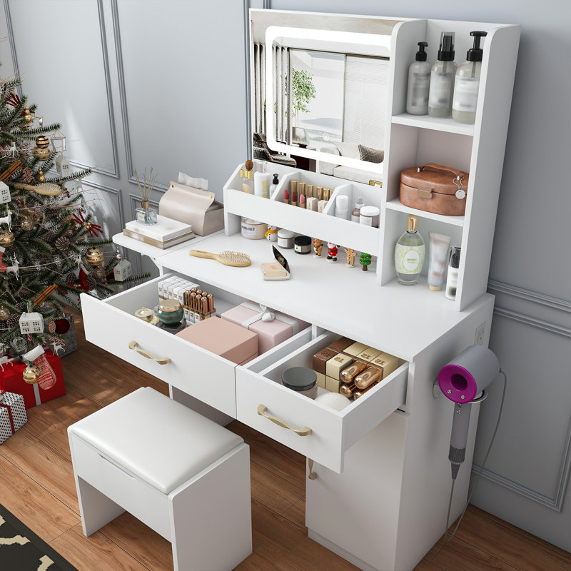 Vanity Desk with LED Mirror Lights and Power Outlet Charging Station, Makeup Dressing Table with Drawers, Shelves and Storage Stool