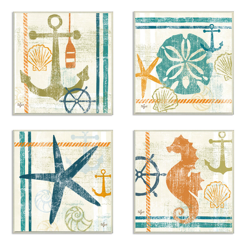 «Seahorse, Sand Dollar, Anchor And Starfish Beach», reproduction d'impression sur bois