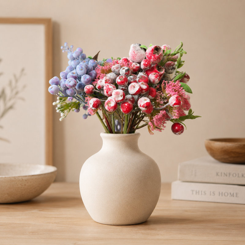 Ensemble de 2 bouquets de baies artificielles avec verdure, tiges florales mélangées rouges et bleues pour vase et centre de table
