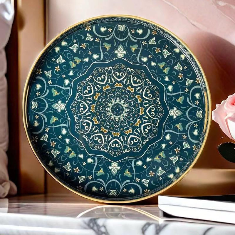Round Serving Tray With Handles, Large Decorative Ottoman And Coffee Table Tray For Living Room
