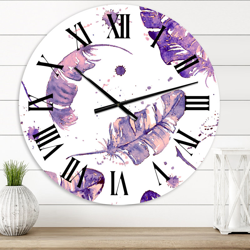 Ethnique plumes mauves - horloge murale bohémienne et éclectique, Surdimensionné