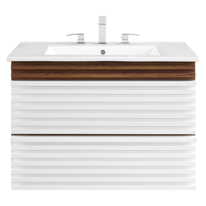 Crawley 30" Wall-Mount Bathroom Vanity, White, White/Walnut