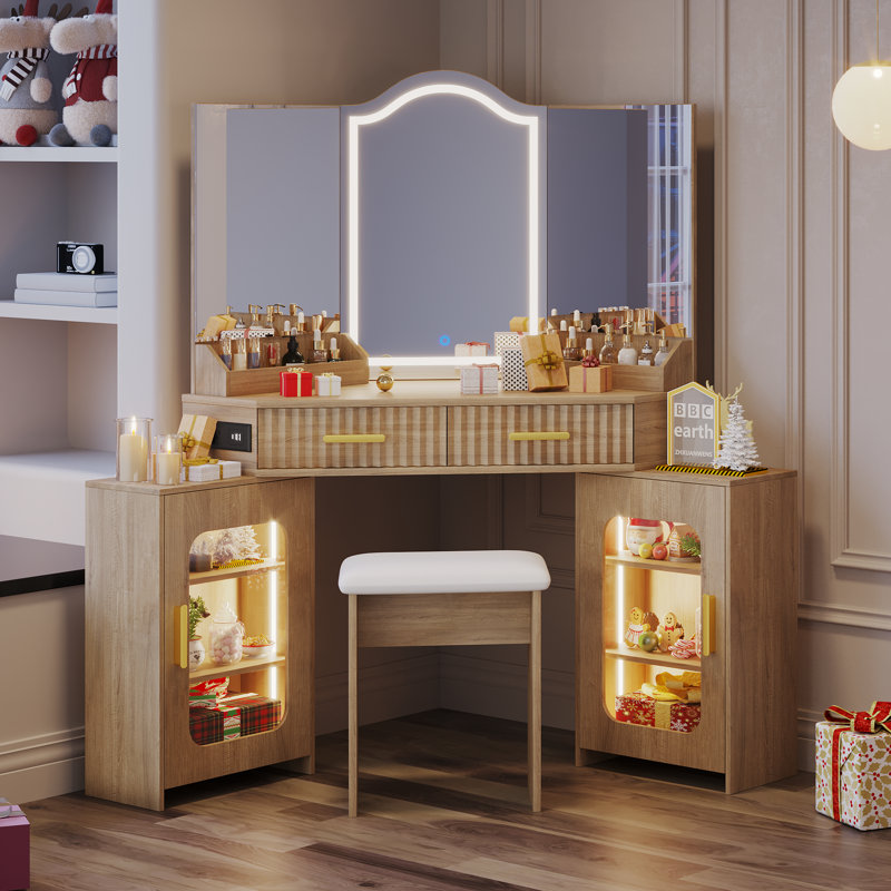 Corner Makeup Vanity Desk with LED Mirror and Outlets, Fluted Dressing Table with 2 Drawers and Storage Cabinets, Oak