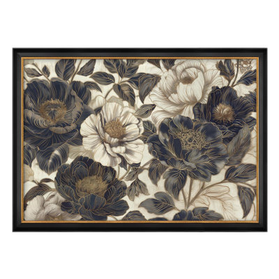 Art mural encadré impression de fleurs de pivoines bleu foncé et blanc