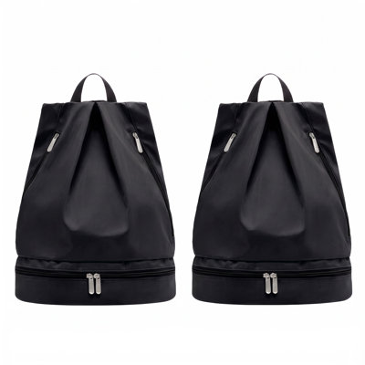 Paquet de 2 sacs à dos en polyester noir, sac à linge à cordon grande capacité avec compartiment inférieur séparé, H 15,6 po x l 11,4 po x P 7,5 po, sac de rangement portatif pour dortoir, appartement et voyage