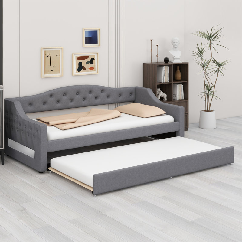 Upholstered Daybed With LED Belt And Trundle, Gray