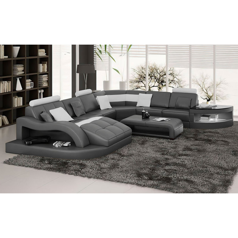 Canapé modulaire de gauche en cuir véritable Ariell de 162,6 po de largeur, Cuir véritable gris / blanc