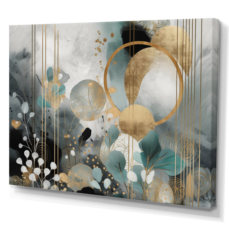 Fleur dorée bleue dorée I - Floral Wall Art Living Room, H 12 po x l 20 po, Toile tendue