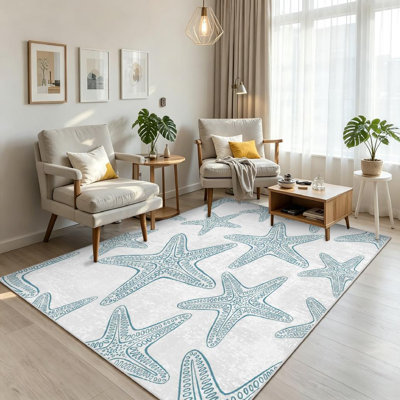 White Machine Washable,Starfish Sketch Nautical Seashells Sea Aloha Animal Beach Blue Coast Indoor Area Rug