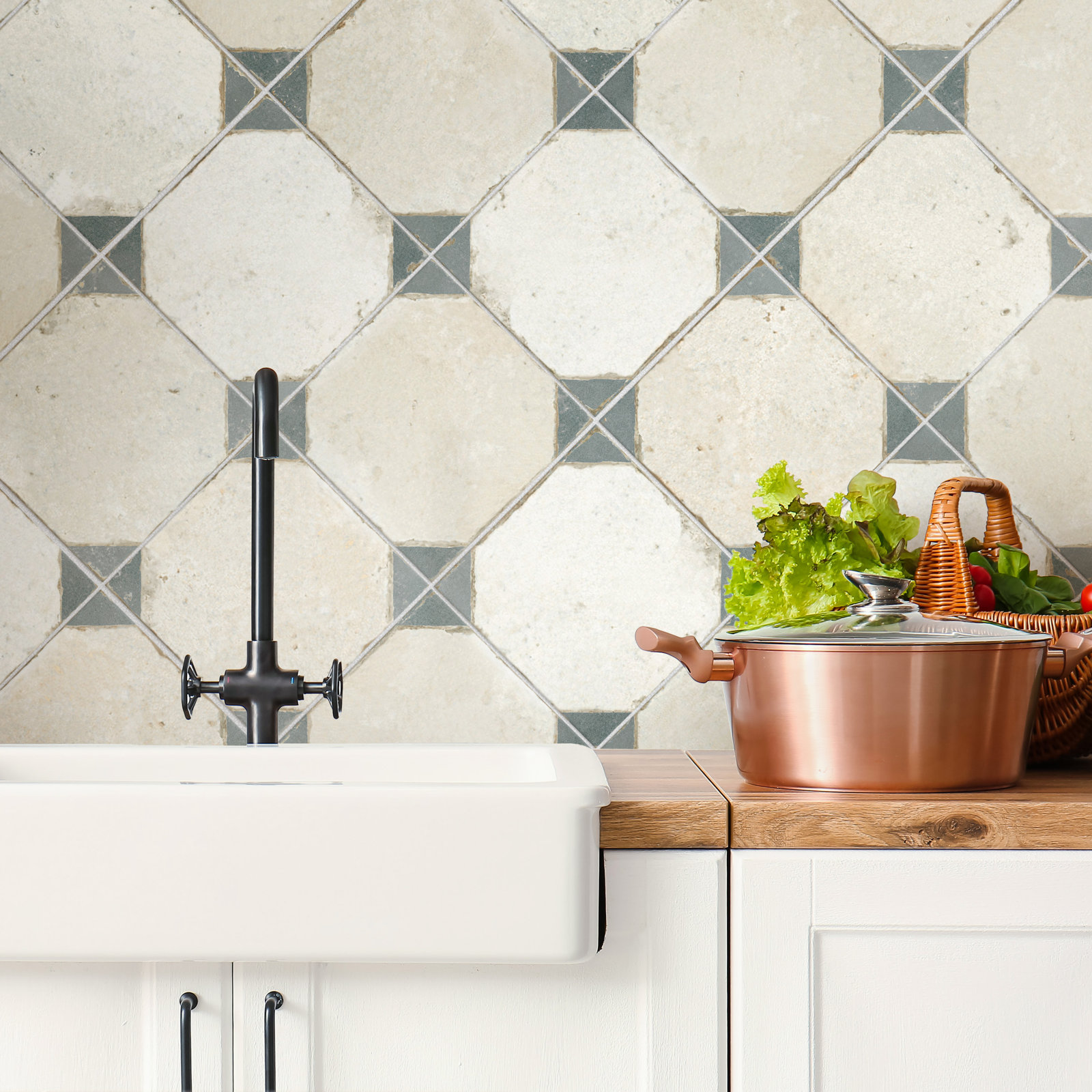 Kings Yard 18" x 18" Ceramic Patterned Wall & Floor Tile, Beige/Blue
