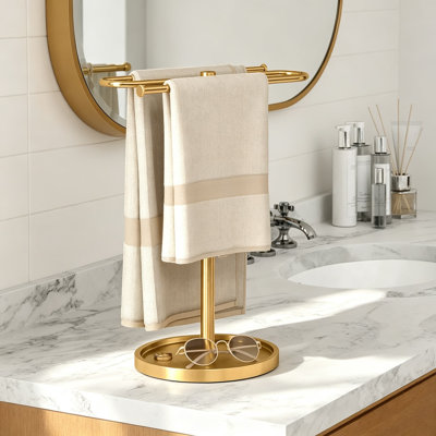 Gold Hand Towel Holder Stand, S-Shape Stainless Steel Countertop Towel Rack for Bathroom and Kitchen, Freestanding Towel Bar Holds Two Towels, Non-Slip Base, Easy Assembly