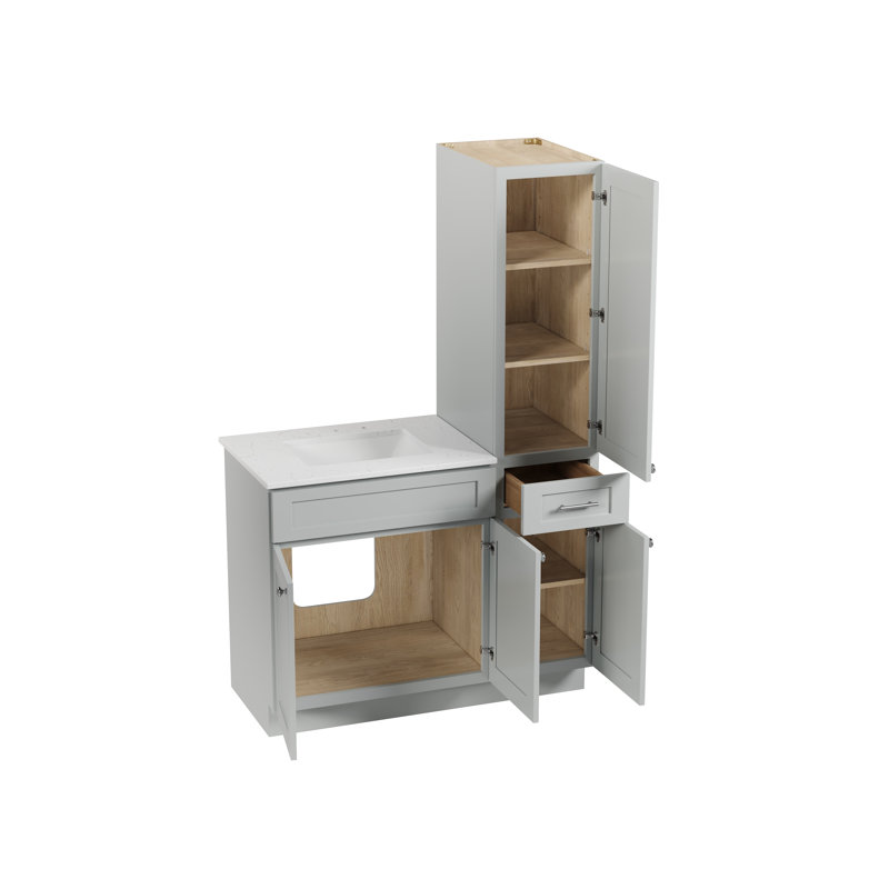 Disar 45'' Single Bathroom Vanity With Right Linen Tall Cabinet Dovetail Solid Wood Drawer Carrara Quartz Top, Gray