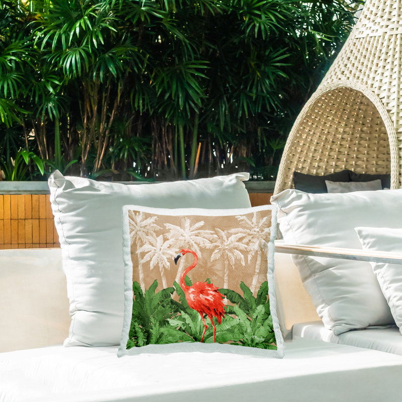 Green and Beige Polyester Outdoor Square Pillow with Flamingo Design