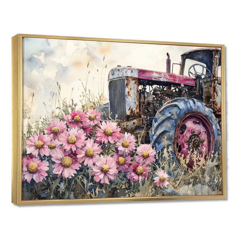 «Daisies By The Farm Tractor II» - marguerites, art mural, H 24 po x l 32 po, Cadre flottant, Doré