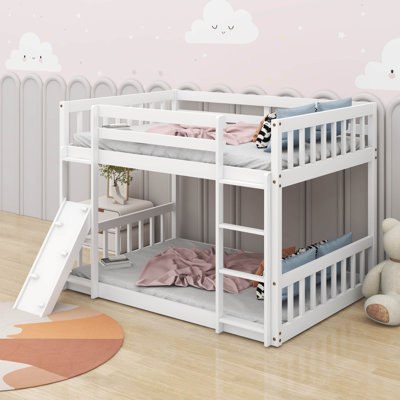 Twin Over Twin Floor Bunk Bed, Playhouse Floor Bunk Bed With Climbing Ramp, Ladder, Safety Guardrails