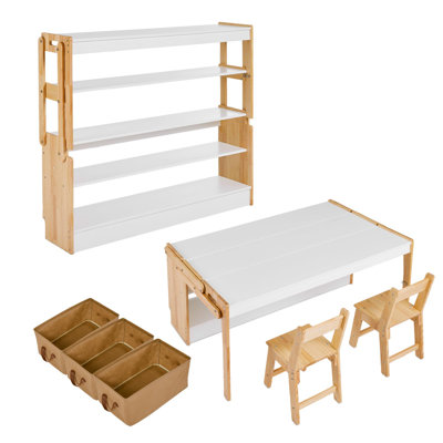 2-in-1 Convertible Art Table and Chair Set with Storage Shelves and Baskets, 47.2" Foldable  Activity & Craft Desk
