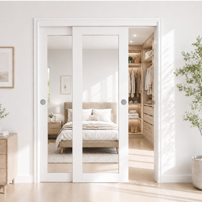 Mirror Closet Doors Sliding Door White MDF Full Lite Mirror Panel with Built-In Handles & Smooth Sliding Hardware