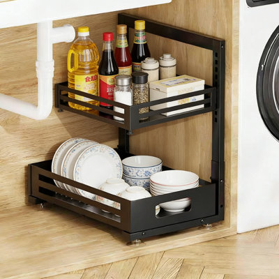 Pull-Out Under Sink Organizer With Metal Rail, 8-Level Height Adjustable Drawer, Black, 1-Pack