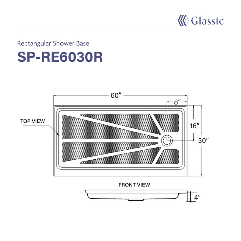 60"W X 30"L X 4"H Rectangular Right Drain Acrylic Shower Base | Low Profile | Non-Slip Design| White Color For Modern Bathrooms
