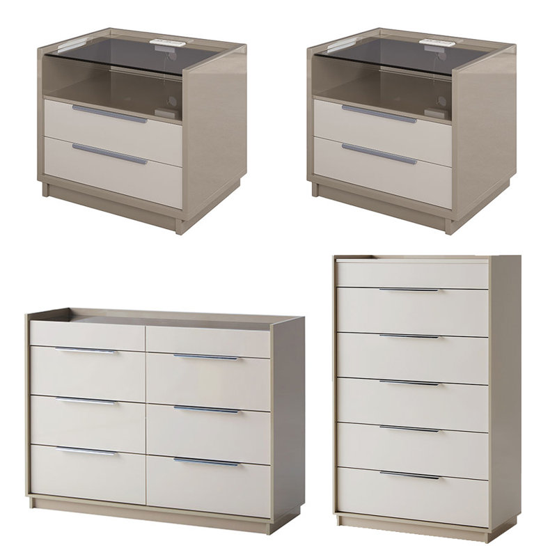 Ensemble de chambre à coucher 4 pièces avec commode et table de chevet ultrabrillantes, gris, gris
