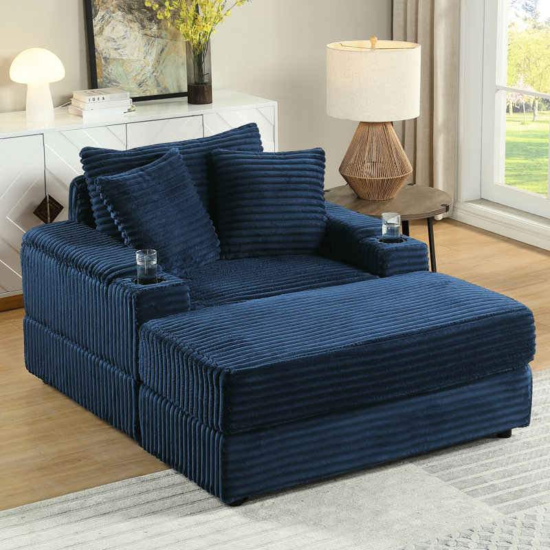 Canapé d'angle en velours côtelé bleu avec 2 coussins décoratifs, assise profonde pour un confort optimal dans votre salon, tissu doux et luxueux, ressorts fermes et stables, design ergonomique soigné, montage facile