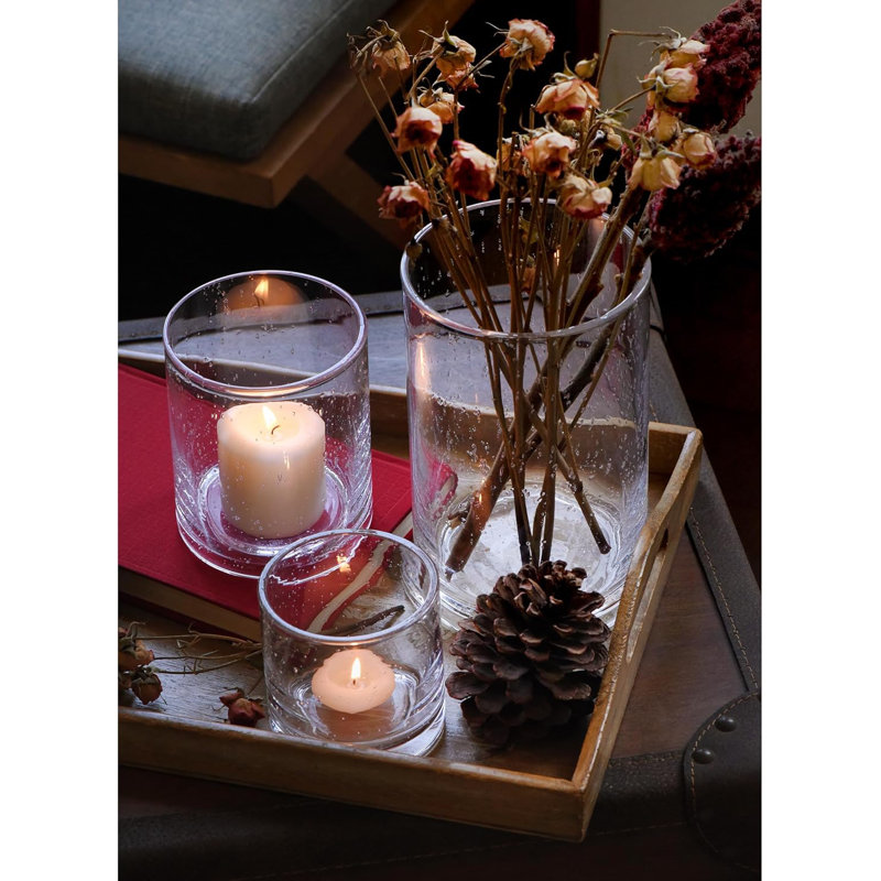 Set of 3 Seeded Bubble Glass Hurricane Candle Holders – 3.5", 5", 8" Heights, Clear Glass for Pillar & Votive Candles, Wedding & Table Centerpiece Decor
