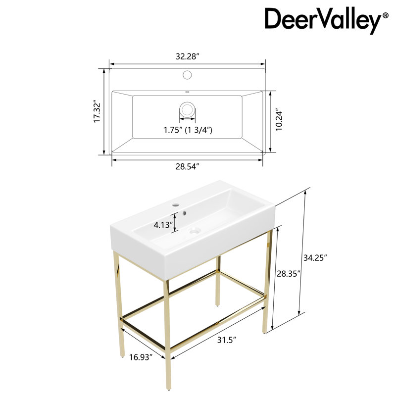 White Ceramic Console Sink with Gold Stainless Steel Frame