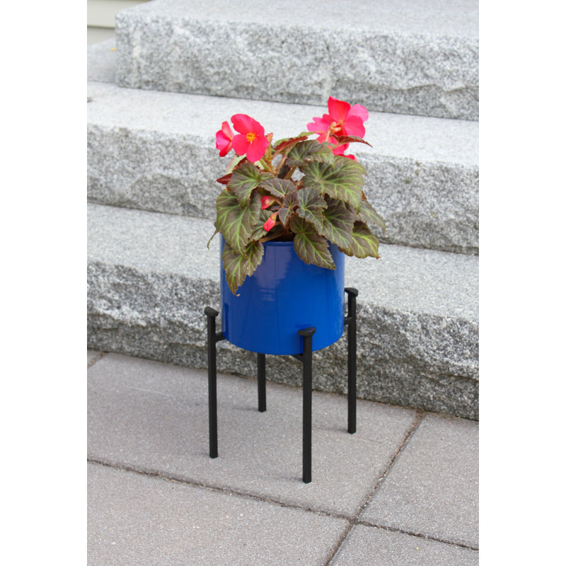 French Blue Galvanized Steel Planter with Black Wrought Iron Stand