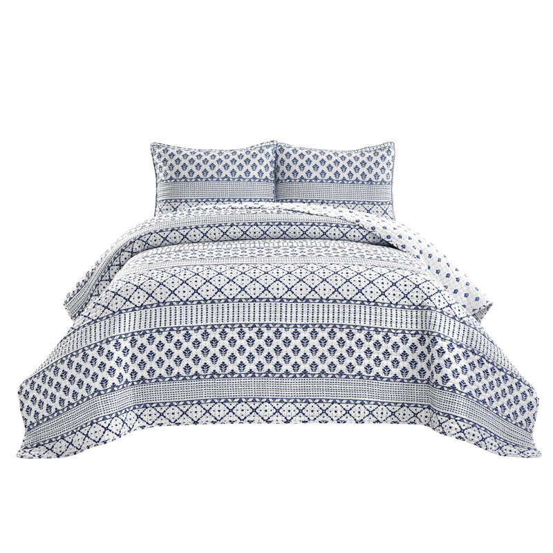 Willards Microfiber Reversible 3 Piece Quilt Set, Navy/White, King Quilt + 2 Shams