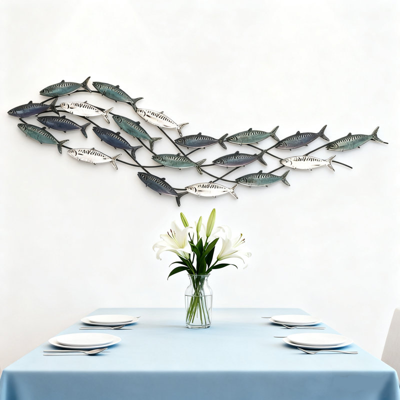 Art mural méditerranéen en fer 59 po - Sculpture côtière 3D, décor nautique pour le salon, banc de poissons en métal fabriqué à la main dans des tons océaniques