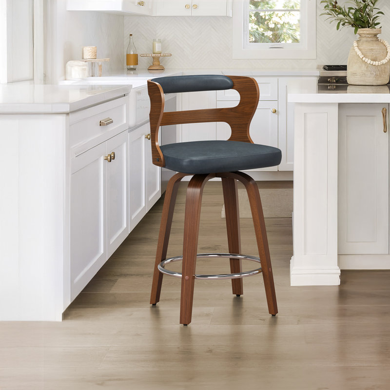 Tabouret de bar pivotant rembourré avec structure en bois, pieds en bois d'hévéa, Gris / bleu / brun
