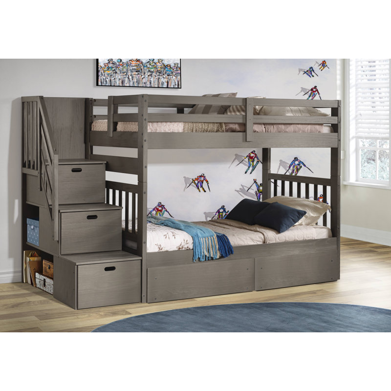 Lit superposé simple au-dessus d'un lit simple avec tiroirs Ahmia Kids, Ardoise
