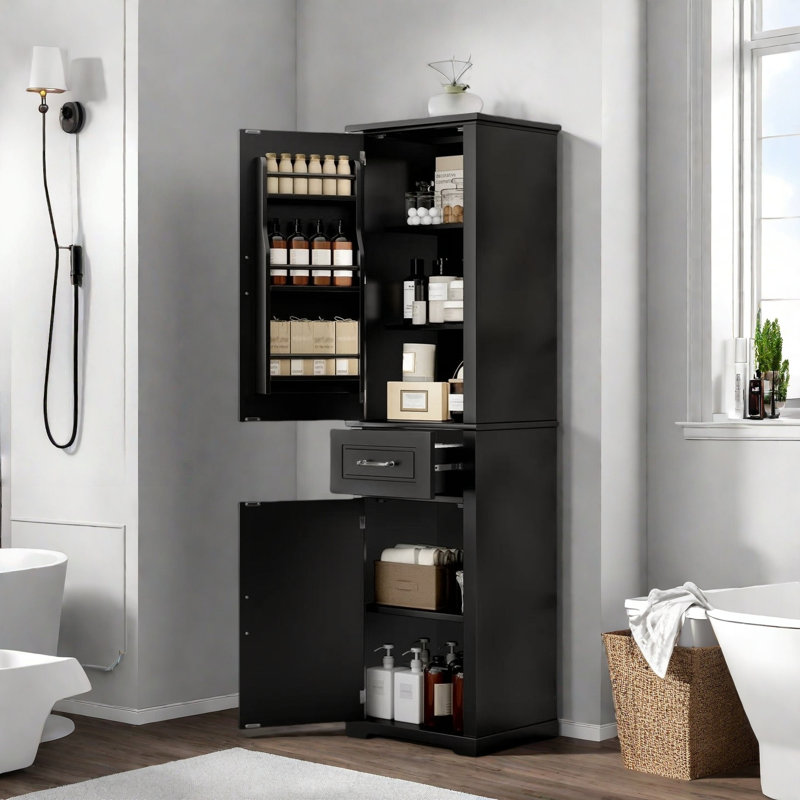 Tall Bathroom Storage Cabinet With 2 Different Size Doors, Adjustable Shelf, Door Shelve Design And Drawer, Black