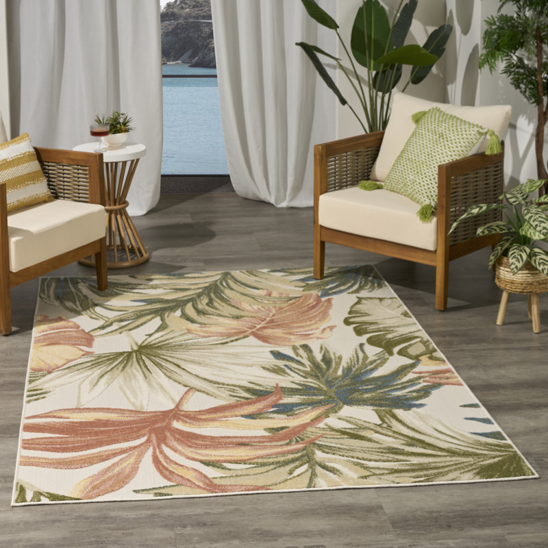Floral Indoor/Outdoor Ivory Green  Area Rug, Rectangle 107 x 168 cm
