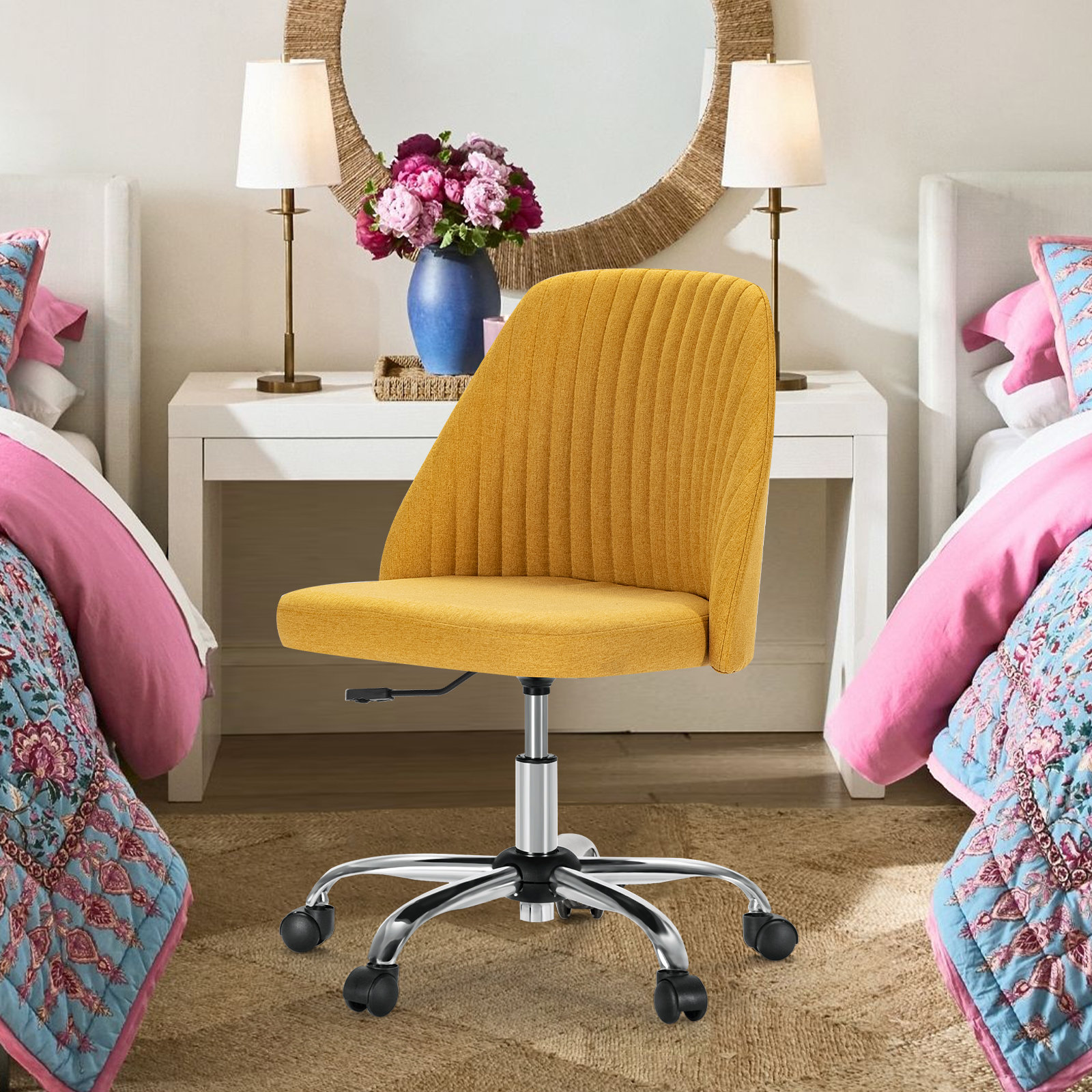 Task Chair Office Desk Chair Make Up Chair With Wheels(Set Of 2), Yellow