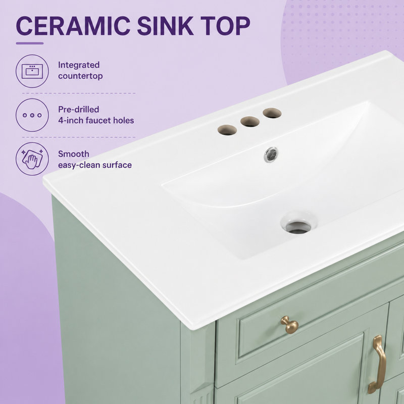 Meuble-lavabo avec tiroir en céramique 3 tiroirs et armoire Heywood, Vert