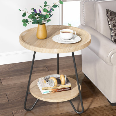 Table de bout en bois, table d'appoint ronde à 2 niveaux avec structure en métal noir, table d'appoint industrielle moderne