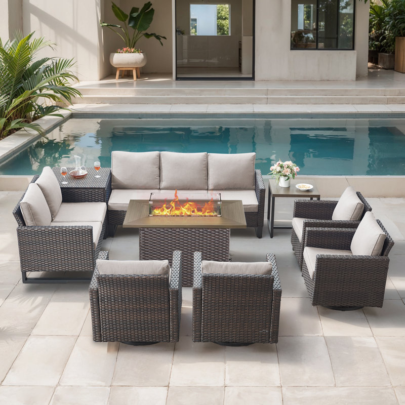 Ensemble de conversation de 9 pièces en forme de U pour terrasse d'extérieur en osier Ingvald, Beige