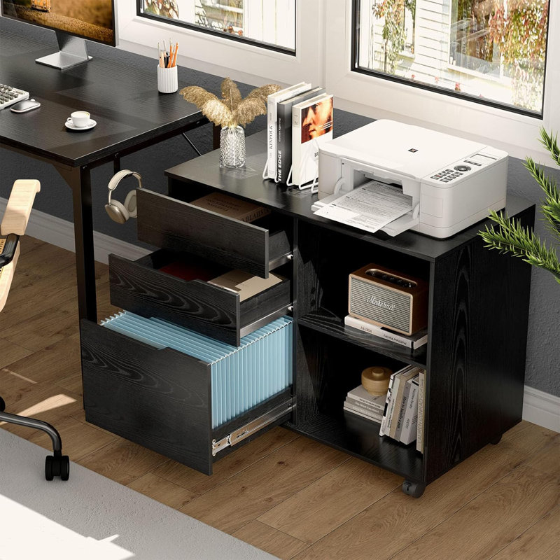 3-Drawer File Cabinet, Lateral Mobile Filing Cabinet, Black