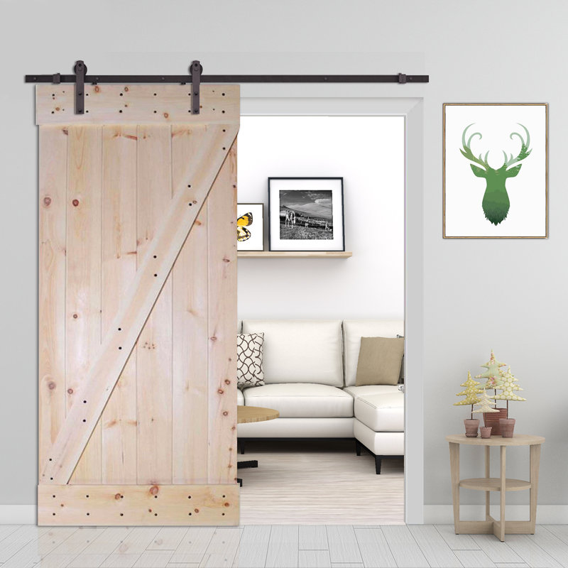 Porte de grange à panneaux en bois sans finition avec kit de quincaillerie d’installation, 24 po x 84 po, Noyer