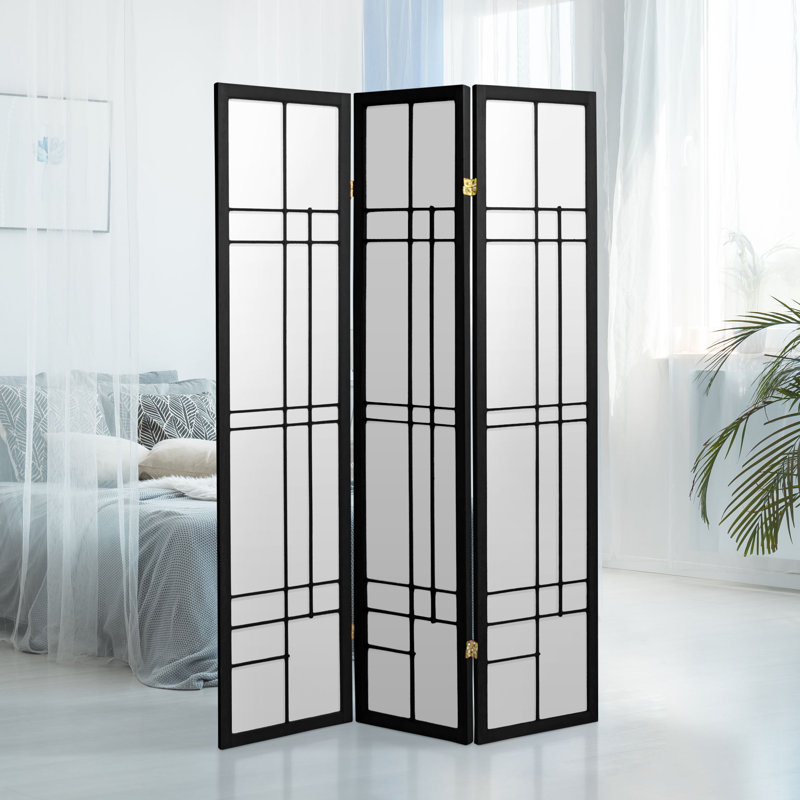 70.25" x 70" Eudes Shoji 5 Panel Room Divider, Black, 3