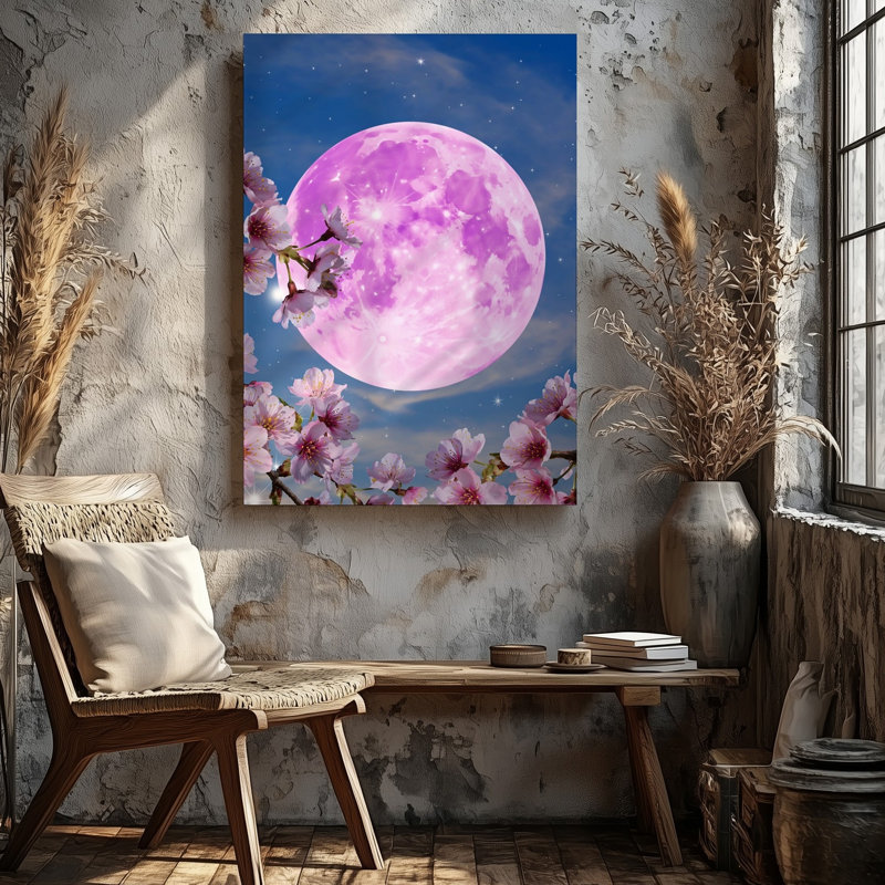 Toile Une scène de rêve avec de délicates branches de cerisiers en fleurs ornées de fleurs roses tendres sur fond de toile rose lumineuse