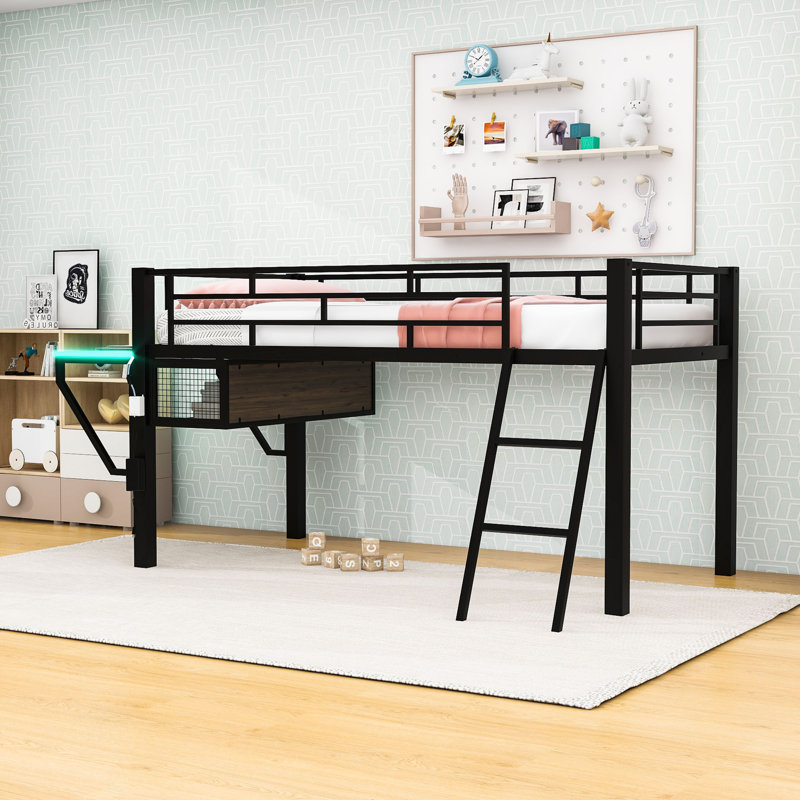 Lit de jeu Loft avec bureau éclairé à DEL et tablette de rangement, Simple